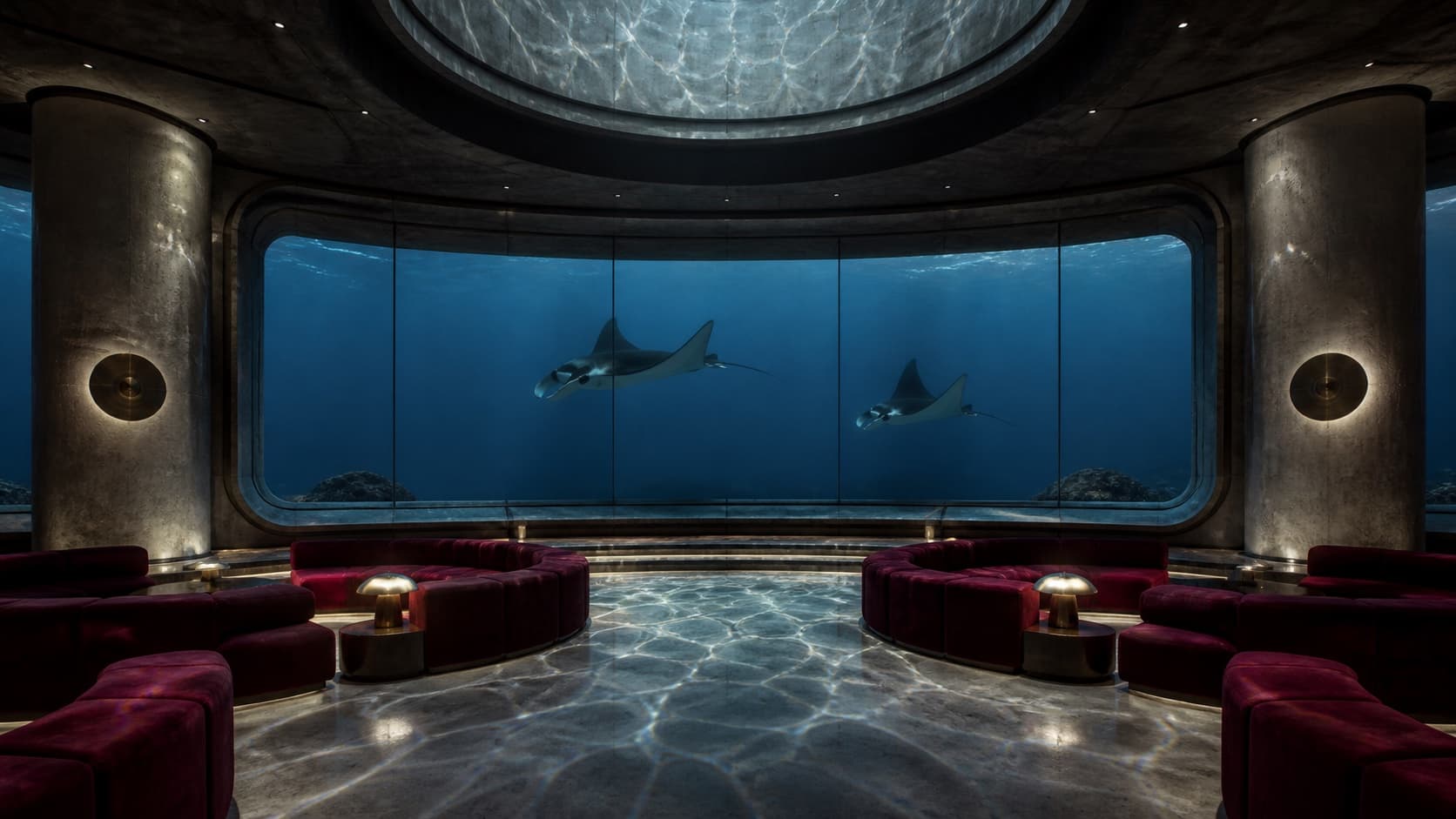 A brutalist underwater lounge with manta rays beyond curved windows