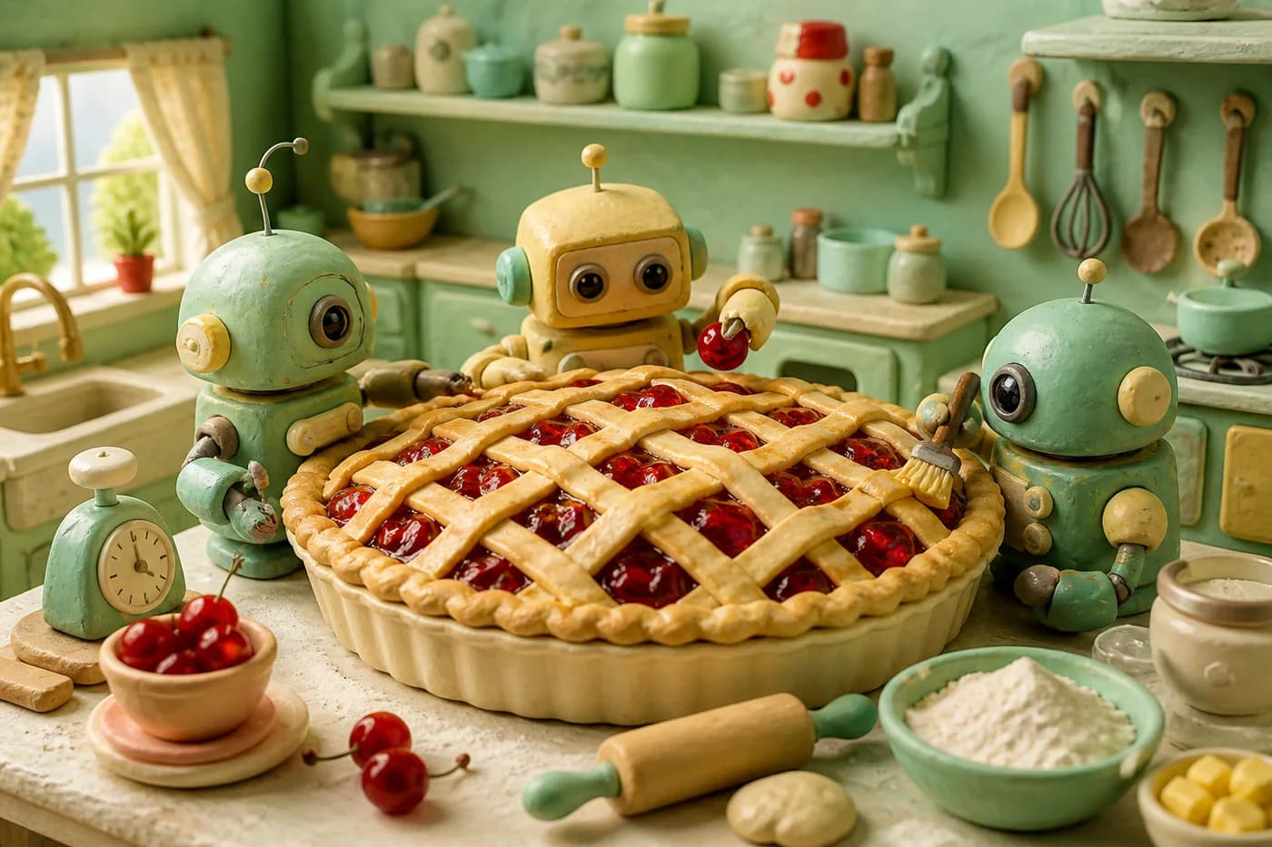 Three handmade clay robots baking an enormous cherry pie in a mint kitchen