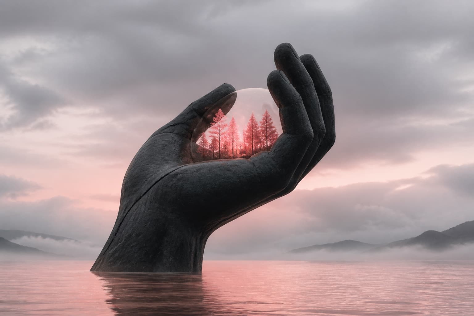 A monumental black stone hand holding a luminous glass forest