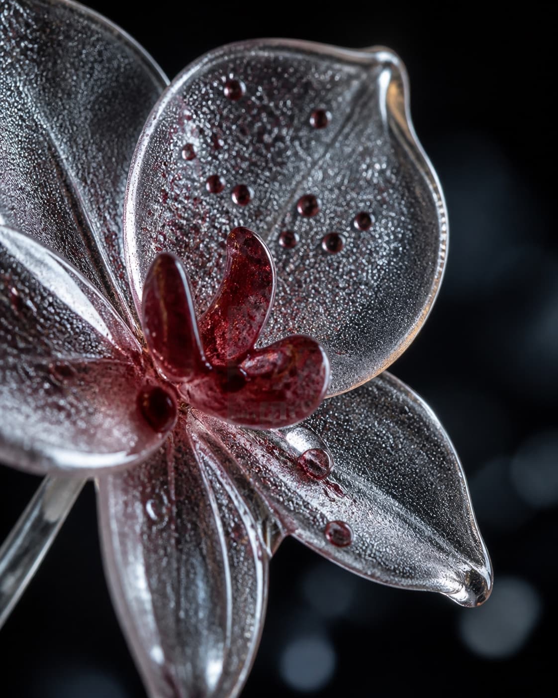 A macro view of a frosted glass orchid with cranberry bubbles