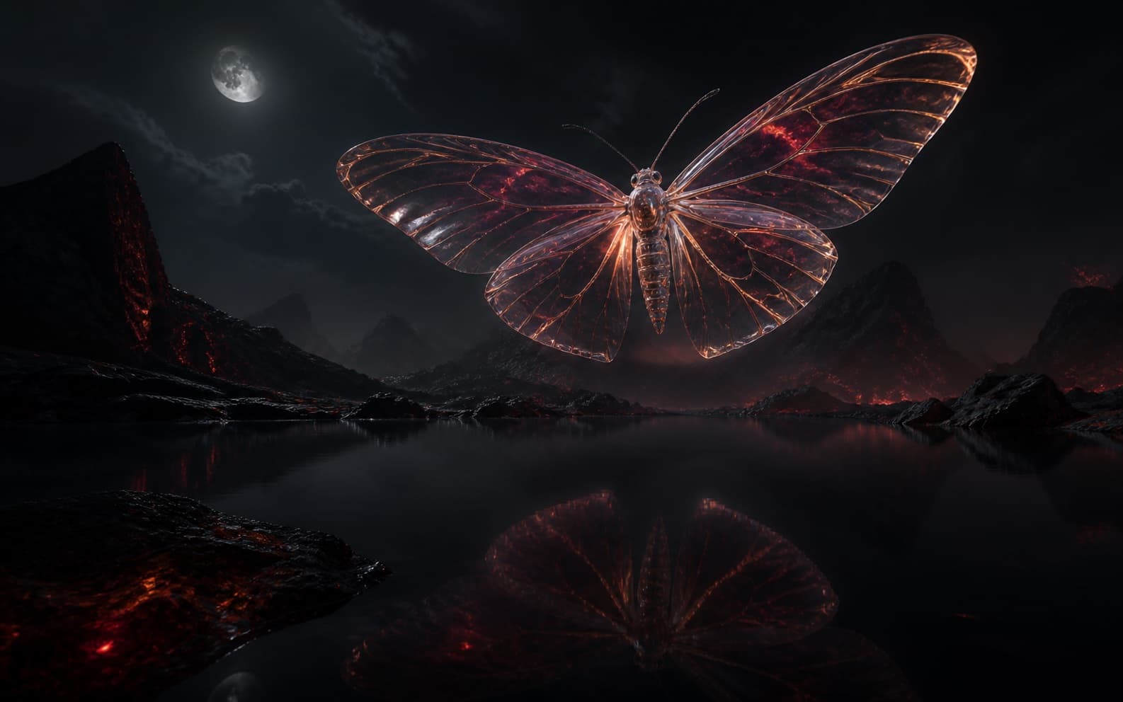 A translucent glass moth glowing above a volcanic lake at night