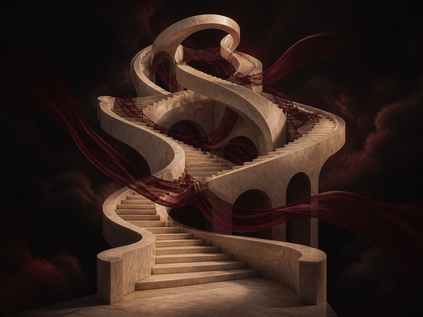Impossible warm-ivory marble staircases wrapped in translucent burgundy fabric