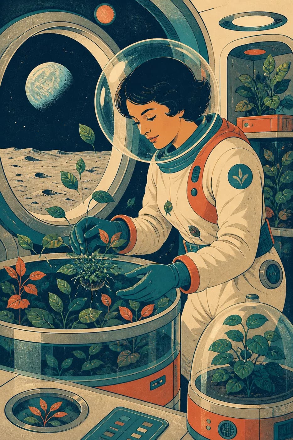 A fictional adult lunar botanist tending floating plants in a retro screenprint habitat