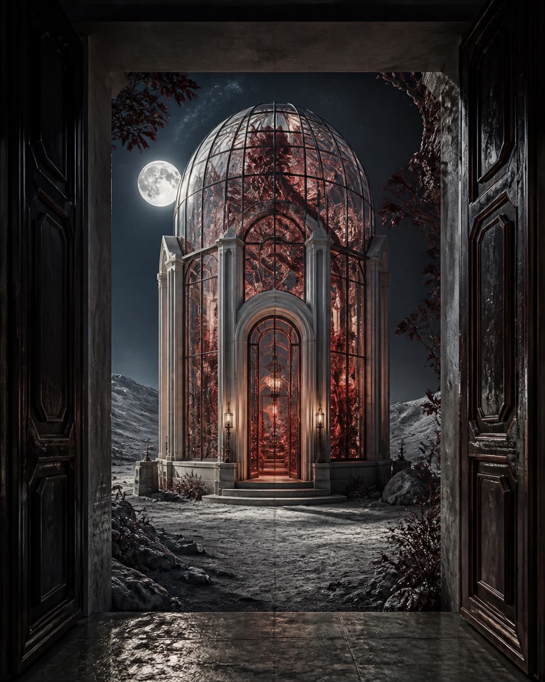 A crimson glass conservatory standing on a moonlit lunar landscape