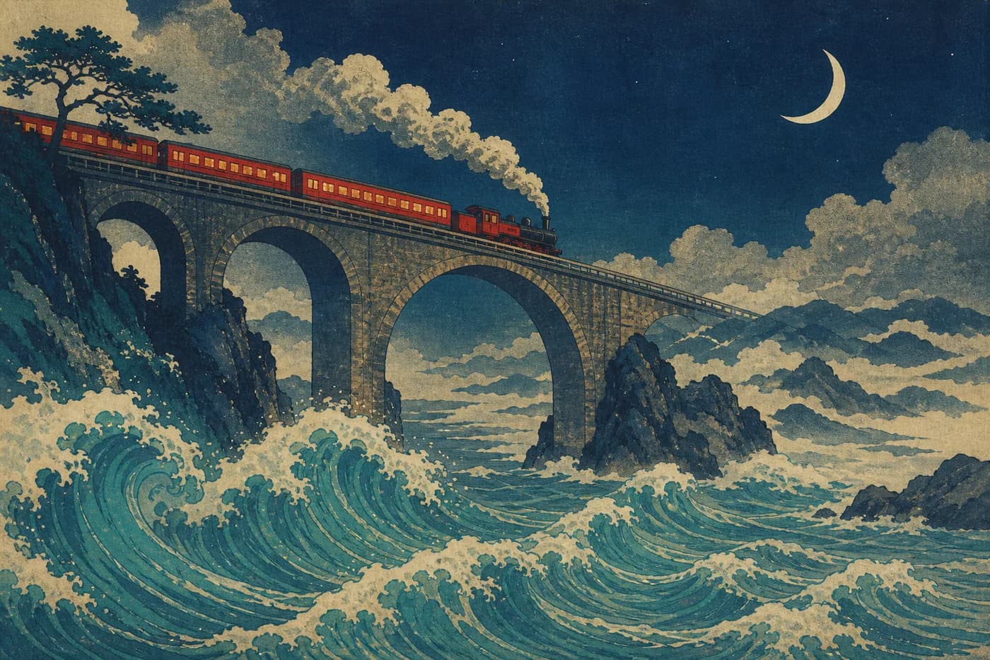 A vermilion night train crossing a stone bridge above turquoise woodcut waves