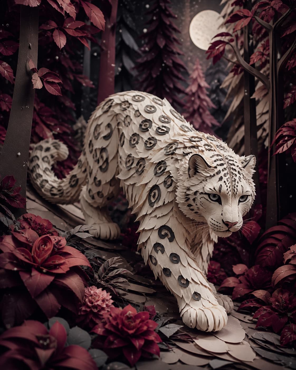 An ivory paper snow leopard walking through a burgundy paper forest