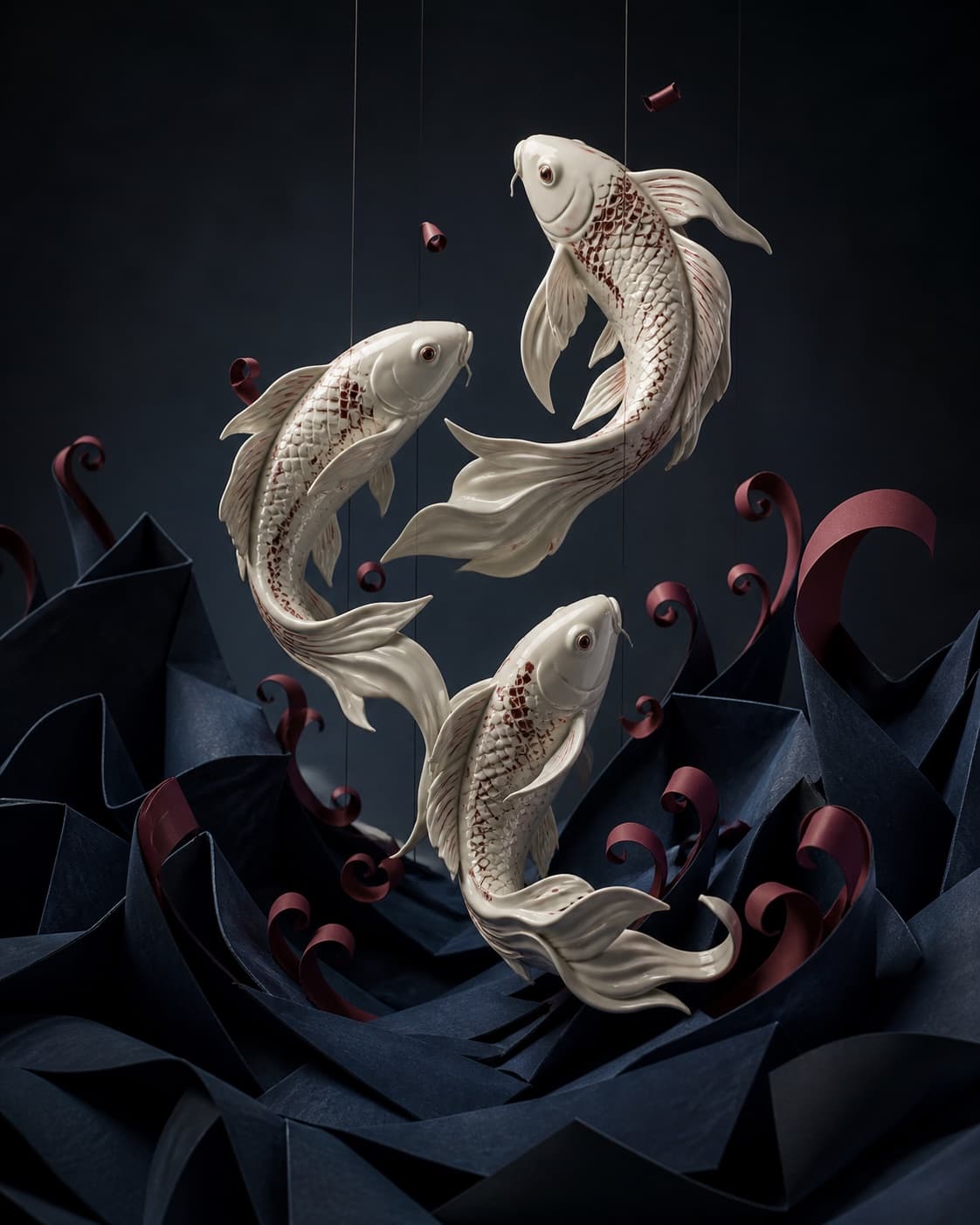 Three ivory porcelain koi rising through midnight paper waves