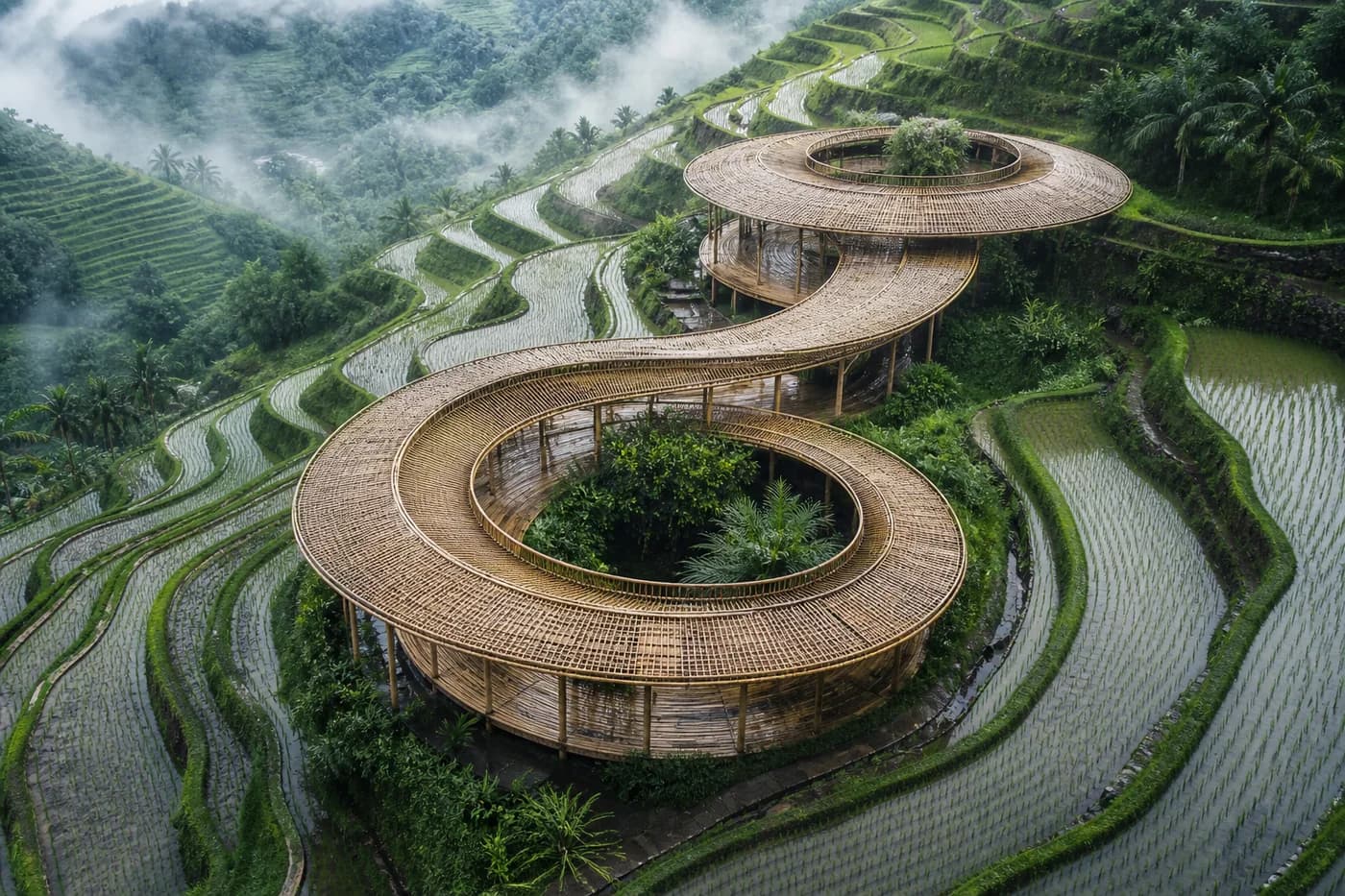 A woven bamboo pavilion spiraling through wet emerald rice terraces