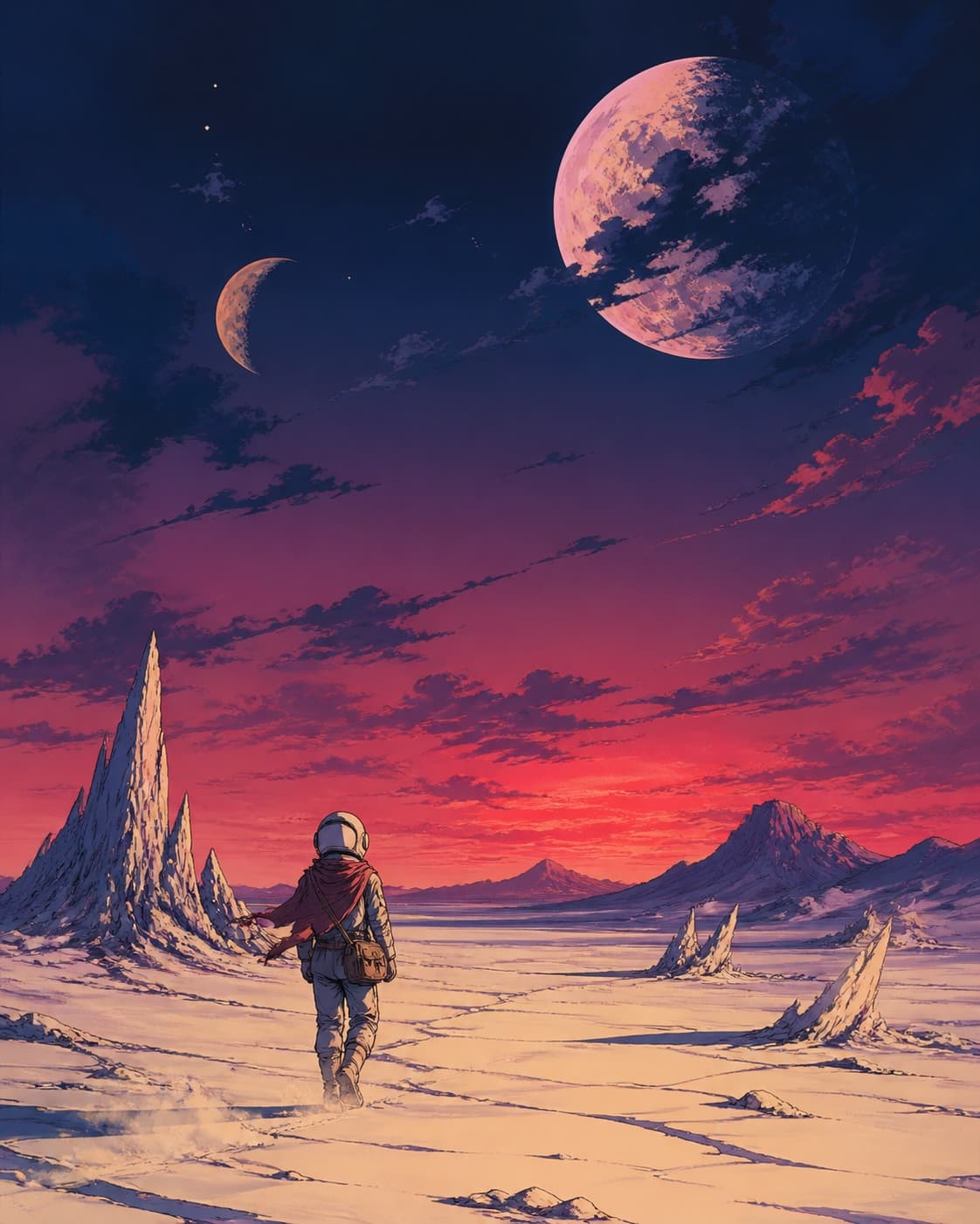 A retro animated space courier crossing a salt plain beneath two moons