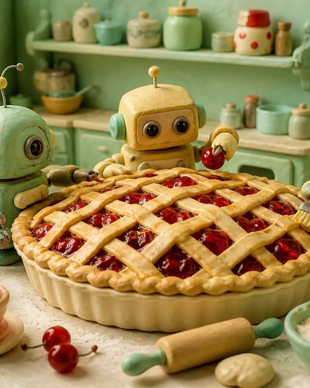 Handmade clay robots baking an enormous cherry pie in a mint kitchen