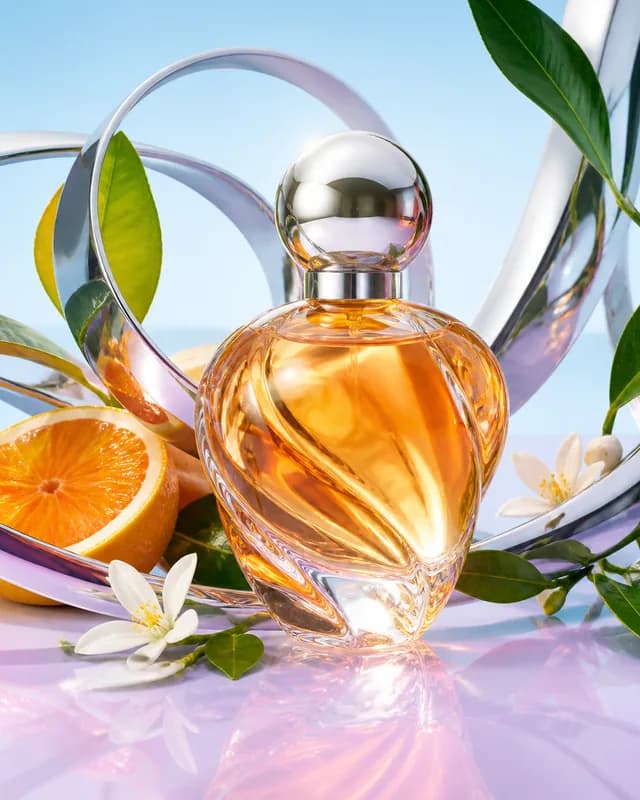 Citrus glass perfume bottle framed by chrome ribbons and green leaves