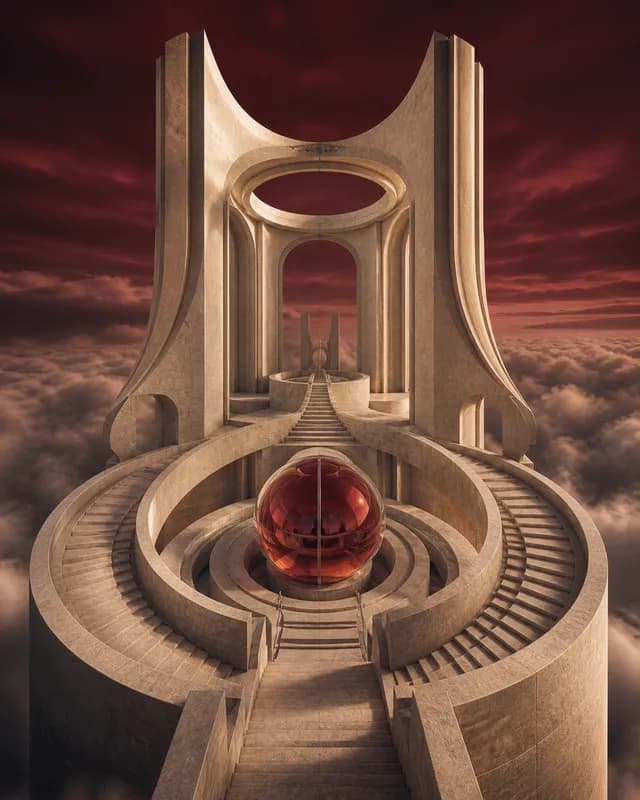 Pale stone observatory with circular stairs around a crimson glass sphere
