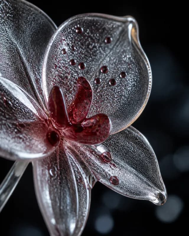 Macro view of a frosted glass orchid with cranberry bubbles