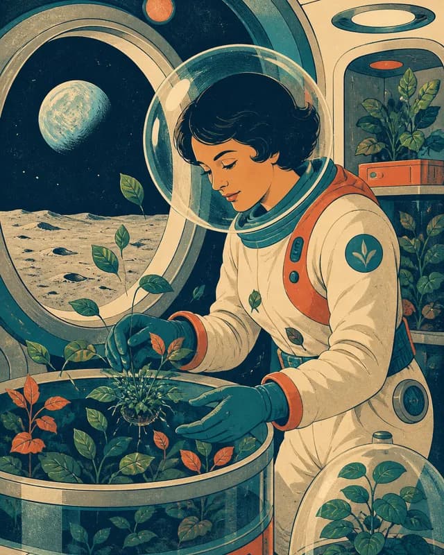 Fictional adult lunar botanist tending plants in a retro habitat