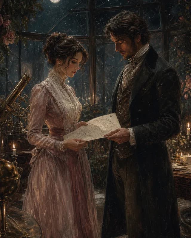 Two fictional adult astronomers studying a star chart in a moonlit conservatory