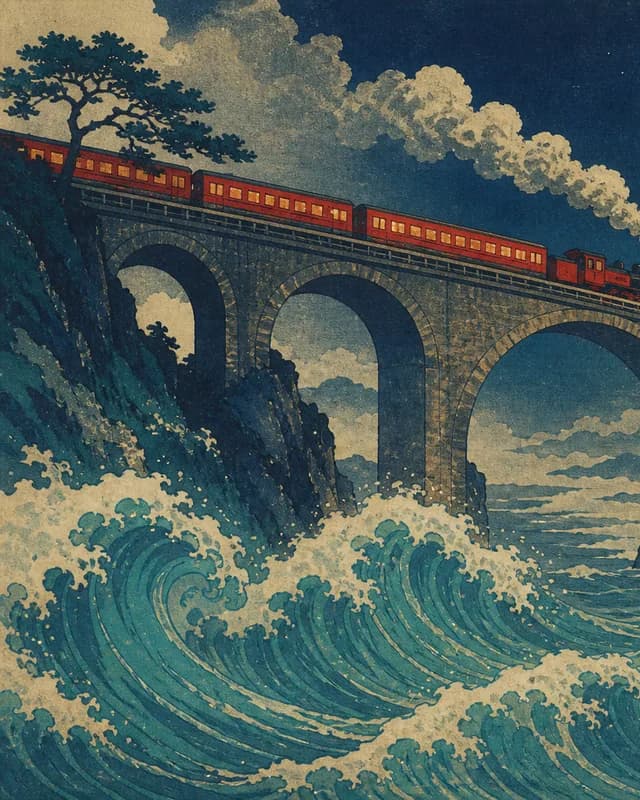 Vermilion night train crossing above turquoise woodcut waves
