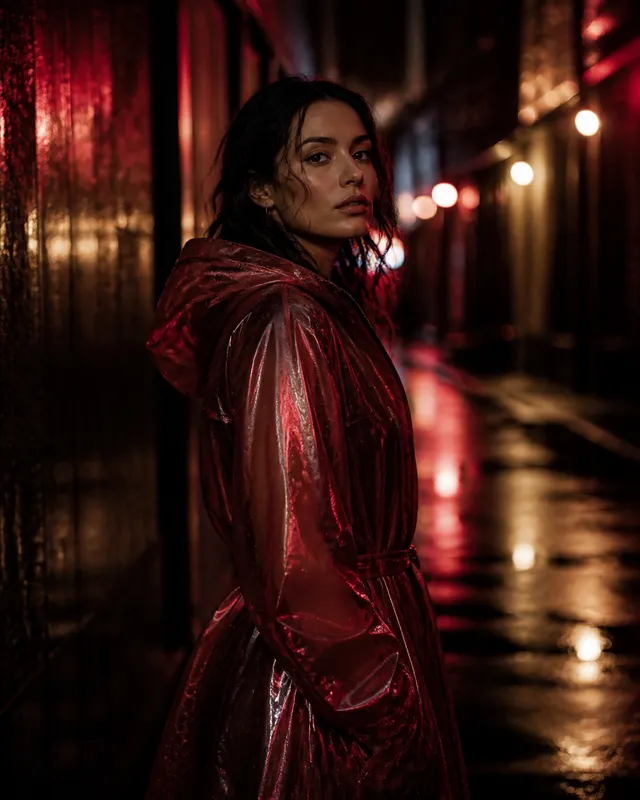 Fictional adult filmmaker in a cranberry raincoat under city lights after rain