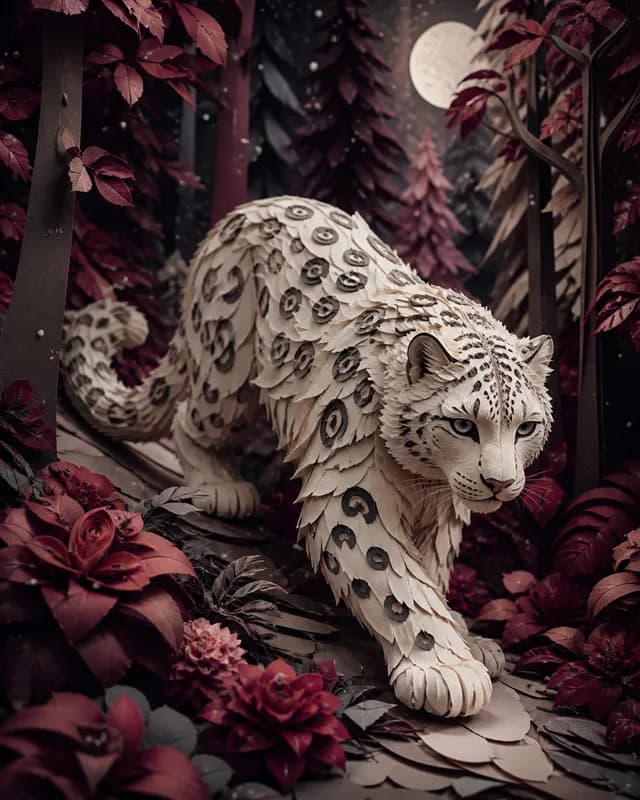 Ivory paper snow leopard walking through a burgundy paper forest