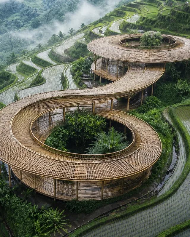 Woven bamboo pavilion spiraling through wet emerald rice terraces