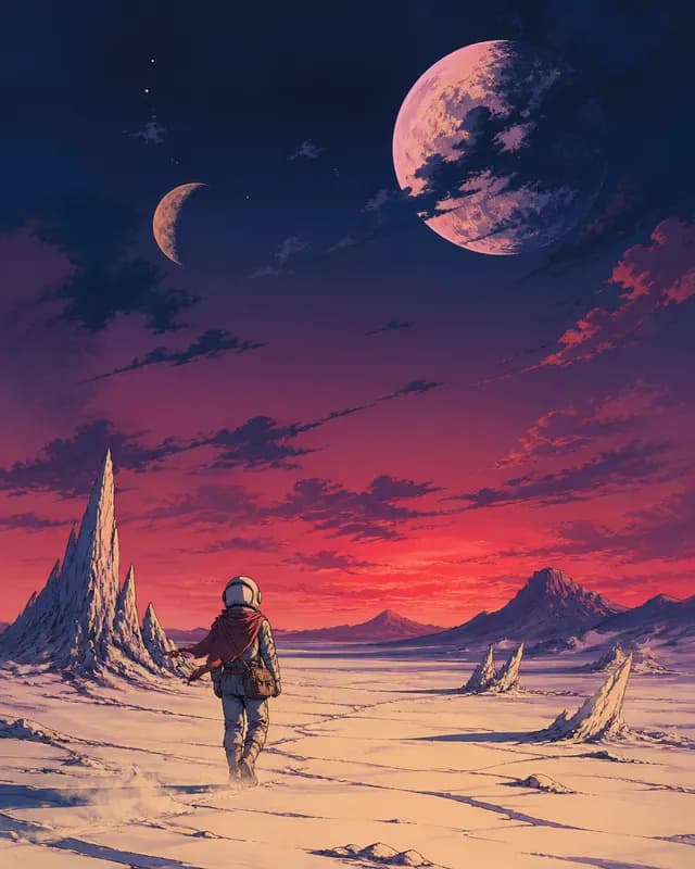 Retro animated space courier crossing a salt plain beneath two moons