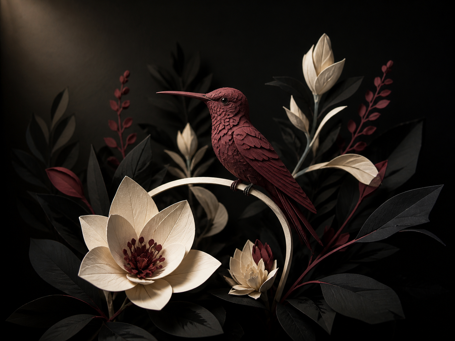 Uncropped 1448 by 1086 source: a burgundy paper hummingbird with a long beak, layered paper feathers, ivory flowers, and a curved perch.